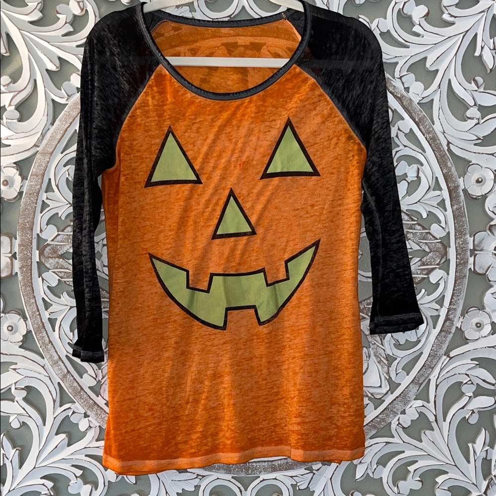 Zoe + Liv Women's Halloween Pumpkin Gray & Orange 3/4 Sleeve T-Shirt Medium EUC